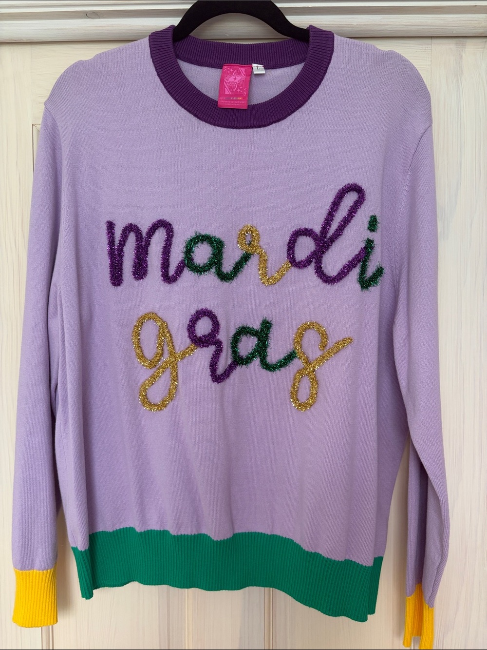 QUEEN OF SPARKLES Lavender Knit Sweater with Purple, Green & Gold Trim